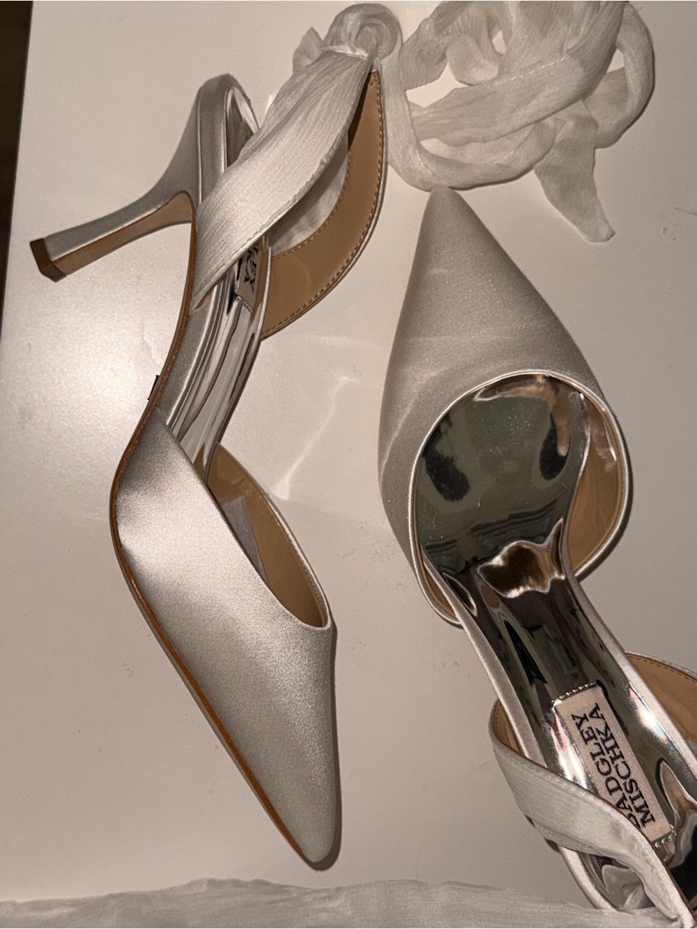 Badgley Mischka Silver Pointed-Toe Satin Women’s Heels with Wrap Straps